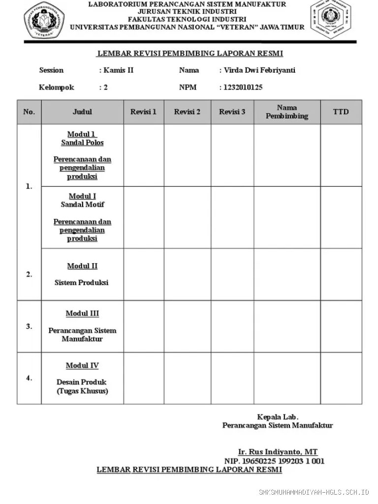 Contoh Lembar Catatan Revisi Sidang Laporan PKL dari Guru Penguji Sekolah